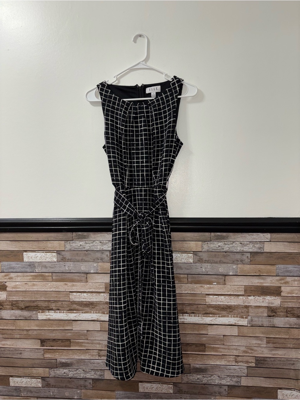 ELLE Belted Midi Dress Black and White Check Pattern Size 6